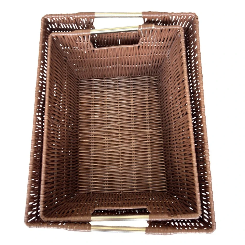 Set of 2 Brown Woven Storage Baskets with Metal Handles Nesting Bins